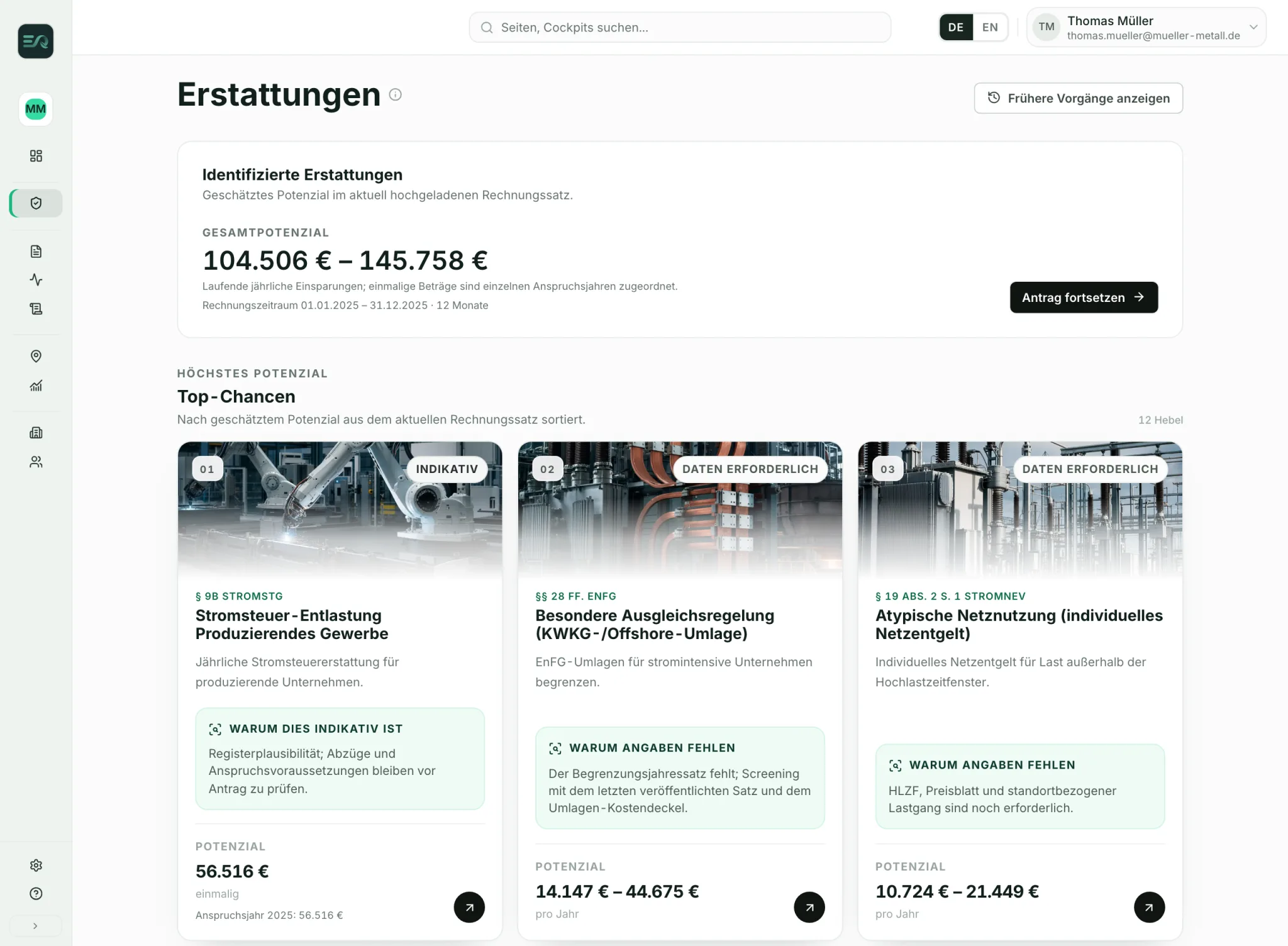 EnergyIQ Erstattungsübersicht mit Top-Chancen